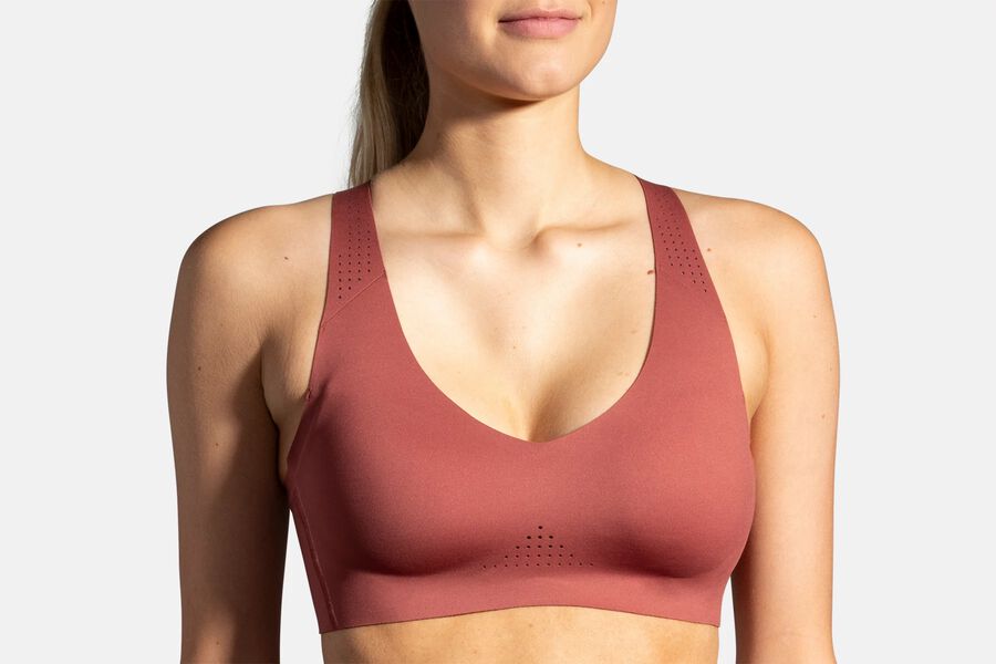 Womens Brooks Dare V Neck Run Bras Terracotta/Fluoro Pink | Clothing 6029-VAPOH